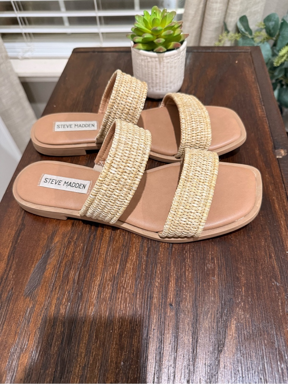Steve Madden Woven Raffia Double Strap Slide Sandals Tan Size 8 - Picture 4 of 6